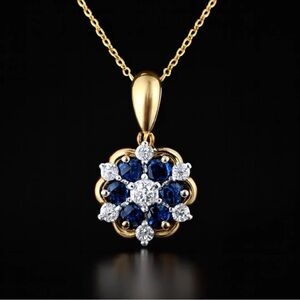 Vintage Faux Blue Sapphire and Cubic Zirconia Floral Pendant 18k HGE Signed